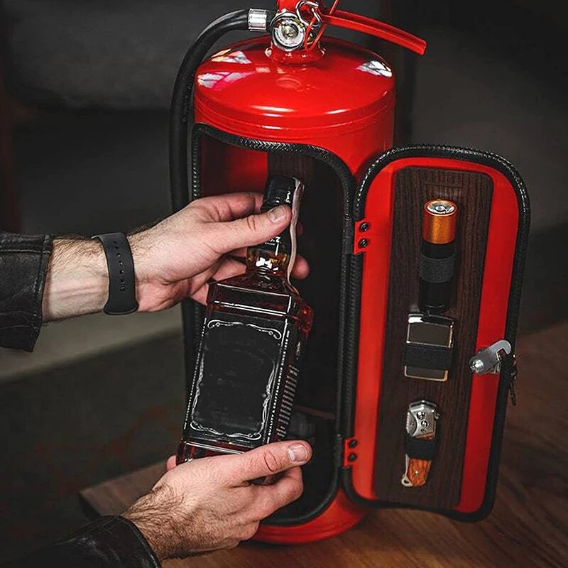 Hands lifting a whiskey bottle from the open red cabinet, whose wood-effect door holds small accessories 8