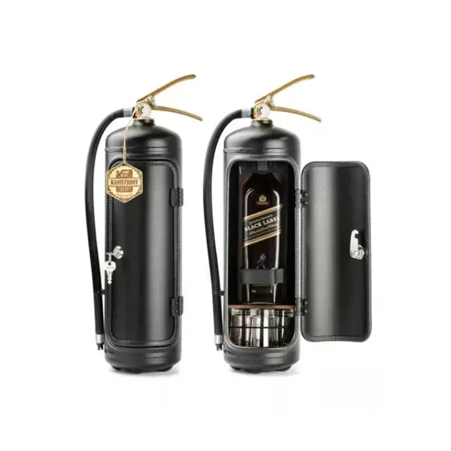 Black version with gold-coloured handle, shown closed with key and open to reveal a dark bottle and glasses 3