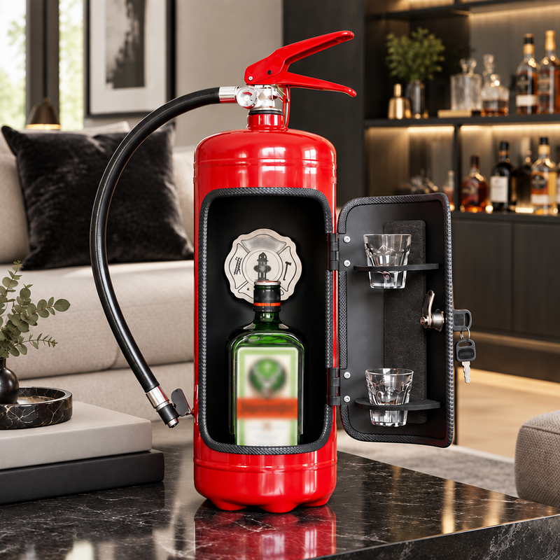 Red extinguisher-shaped bar with its door open, showing a green bottle and two shot glasses on a marble coffee table 1