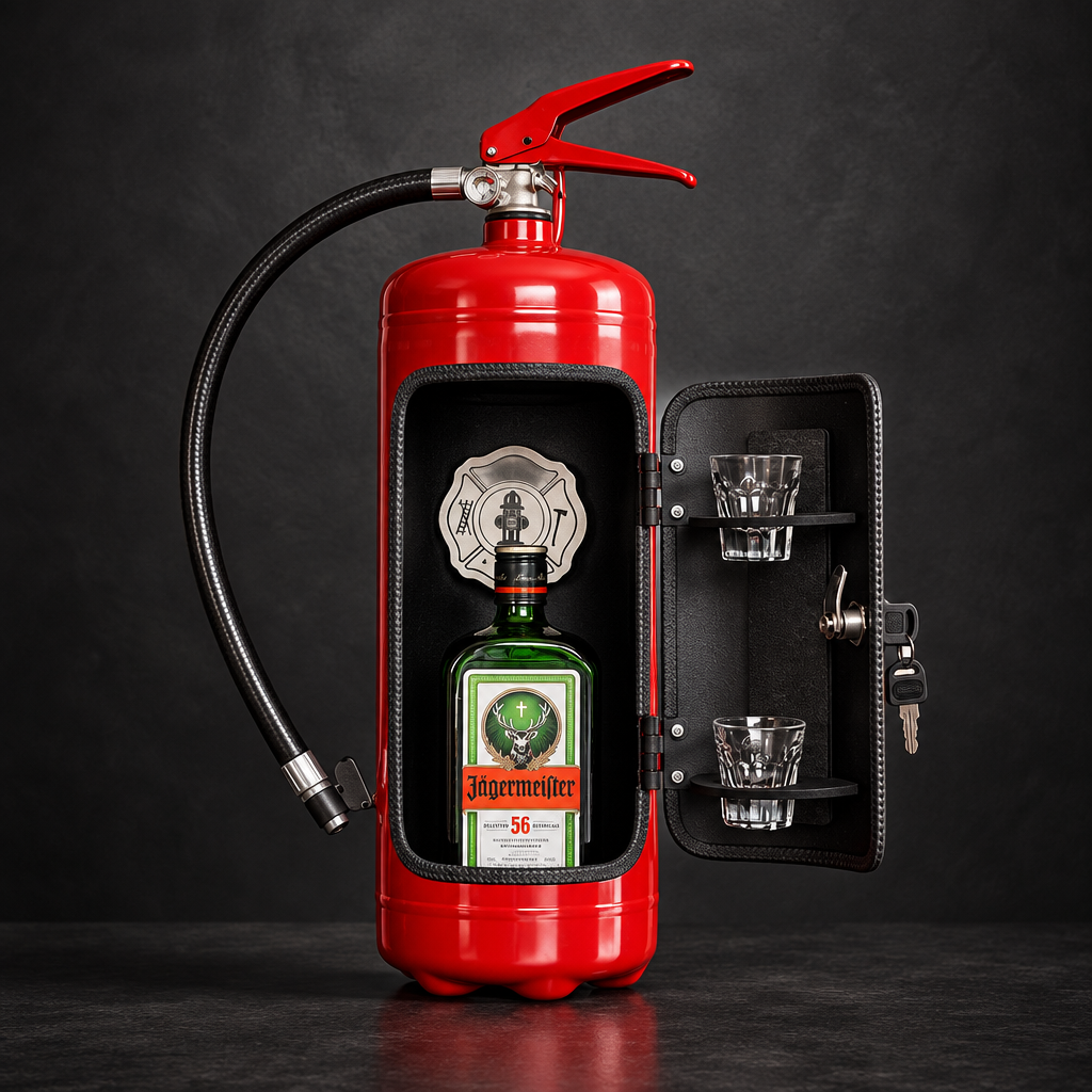 Open red extinguisher bar against a dark background, with a green bottle, two glasses and keys 9