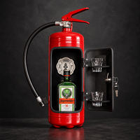 Open red extinguisher bar against a dark background, with a green bottle, two glasses and keys 9