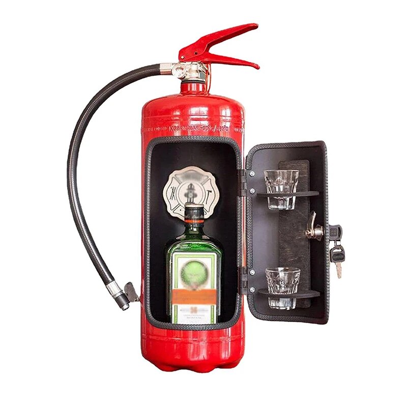 Open red extinguisher-style cabinet on a white background, with a green bottle inside and two glasses on the door 2