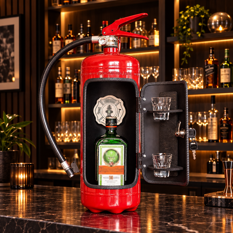 Open red extinguisher cabinet on a dark marble bar counter, holding a green bottle, with two glasses on the door 9