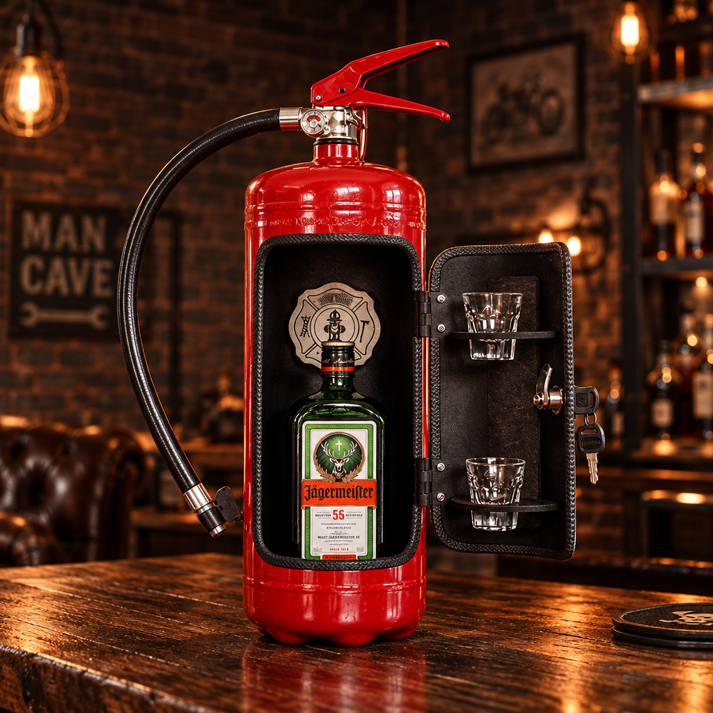 Red extinguisher bar on a rustic wooden counter, door open showing a bottle and two shot glasses 1