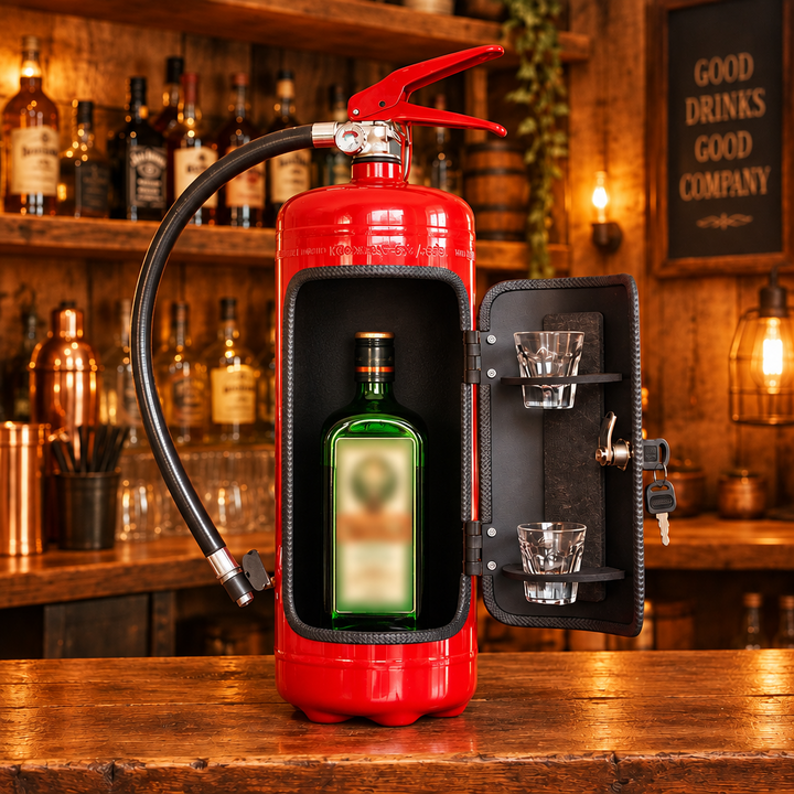 Red extinguisher bar with door open, holding a green bottle and two shot glasses on a rustic bar 1