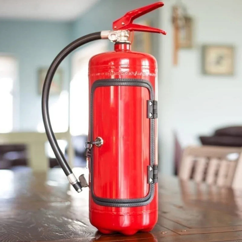 Closed red extinguisher cabinet with black trim and hinges, standing on a wooden table in a bright room 5