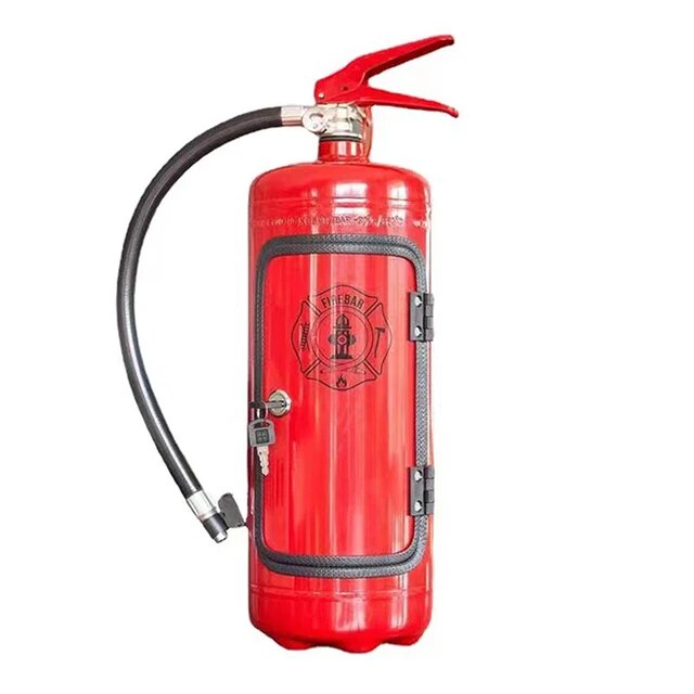 Front view of the closed red cabinet, with a black emblem on the door and a key in the lock 4