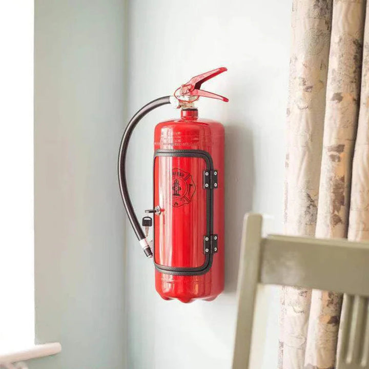 Red extinguisher-style bar mounted on a pale wall beside a curtain, with the door closed 5