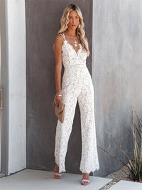 Figure-hugging ladies' jumpsuit with floral pattern and back cut-out - SpitzenBlüte-Black-S-State of Style