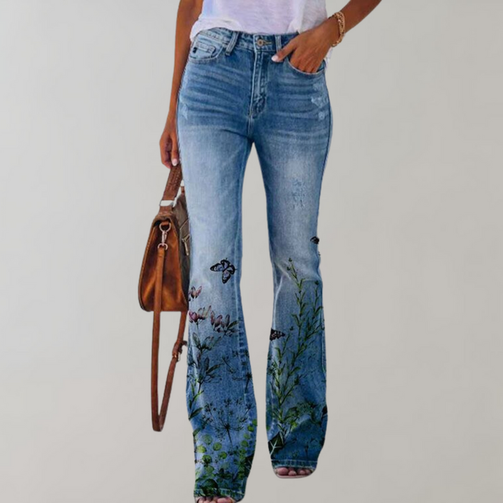 Flared Jeans with Buttons - Pink-Black Butterfly-S-State of Style