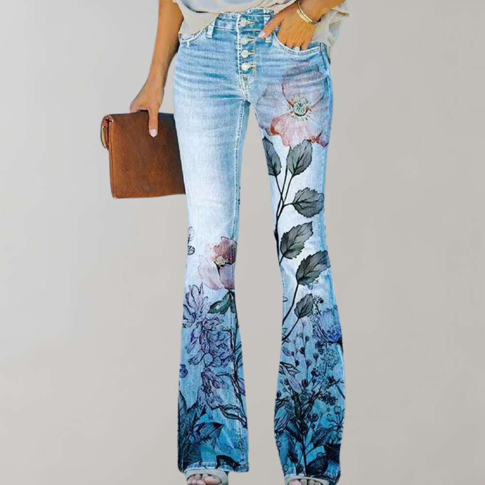Flared Jeans with Buttons - Pink-Pink Flower-S-State of Style