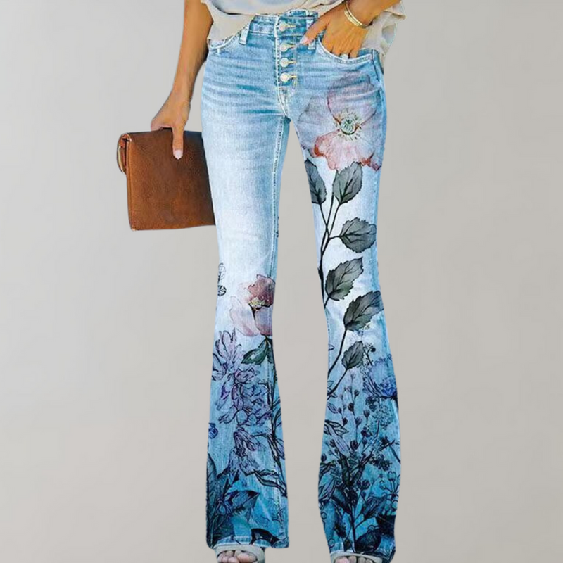 Flared Jeans with Buttons - Pink-Pink Flower-S-State of Style
