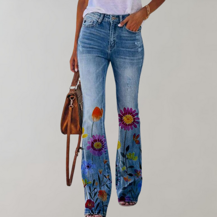 Flared Jeans with Buttons - Pink-Purple Flower-S-State of Style