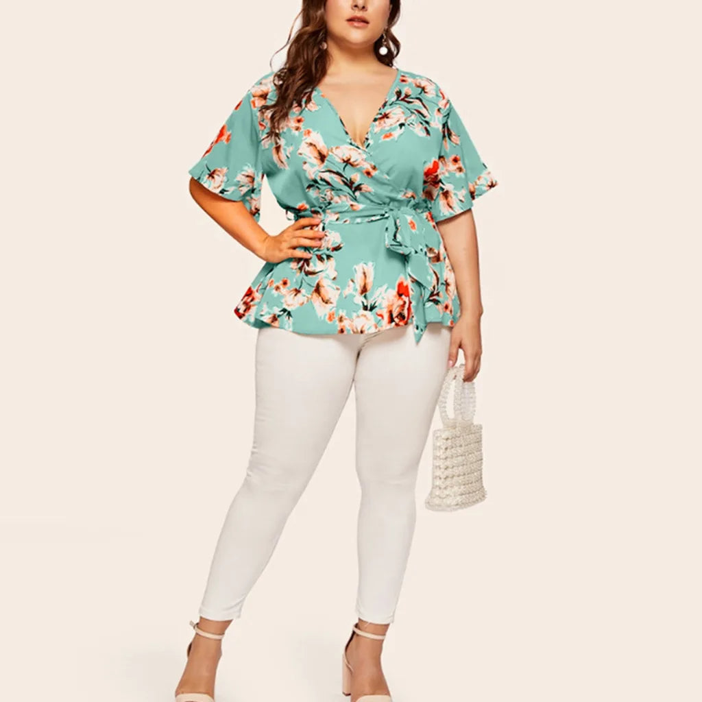 Flattering V-Neck Chiffon Tops for Curvy Women-Green-2XL-State of Style