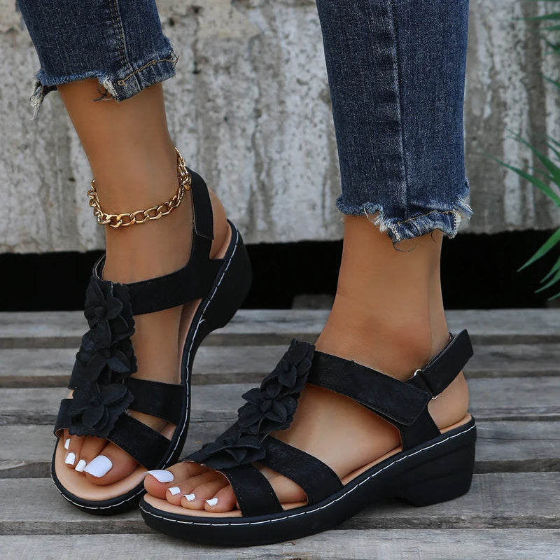 Fleur - Orthopedische Zwarte Bloemen Sandalen-Zwart-36-State of Style