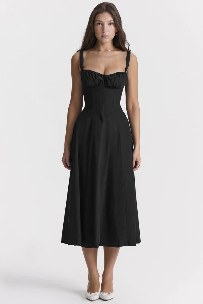 Floral Maxi Dress with Waist Definition - Fleur-Black-S-State of Style