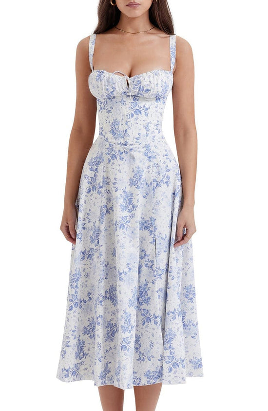Floral Maxi Dress with Waist Definition - Fleur-Blue Print-S-State of Style