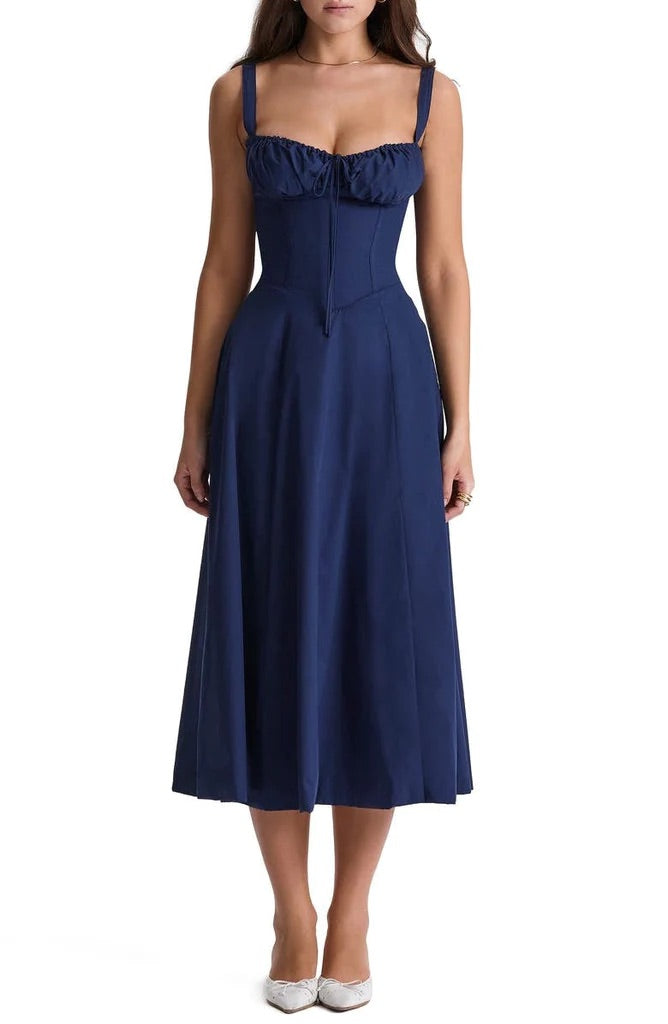 Floral Maxi Dress with Waist Definition - Fleur-Marine Blue-S-State of Style