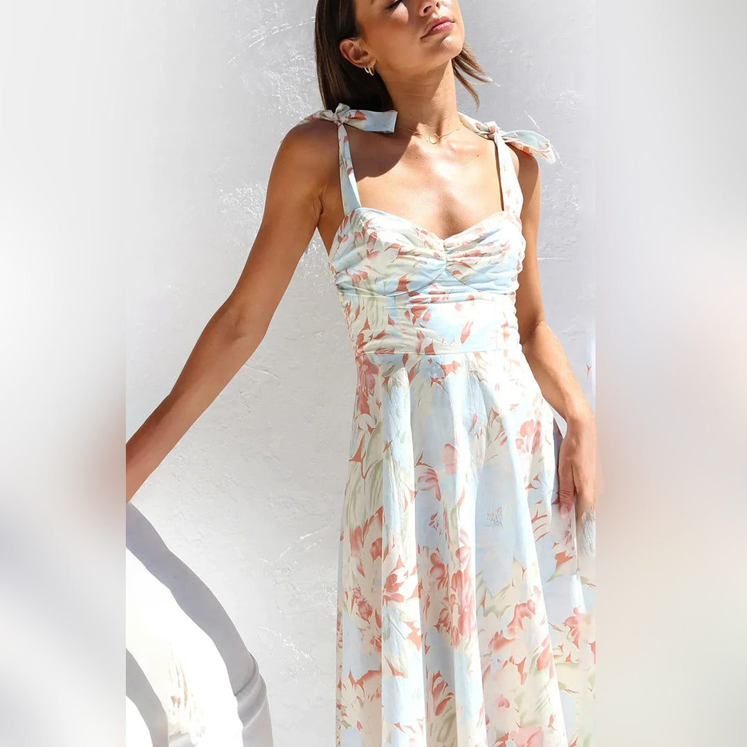 Floral Midi Dress in Lightweight Fabric – Alina-Blue-S-State of Style