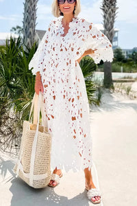 Flowered Midi Dress with Eyelet Lacing – Maelis-White-State of Style