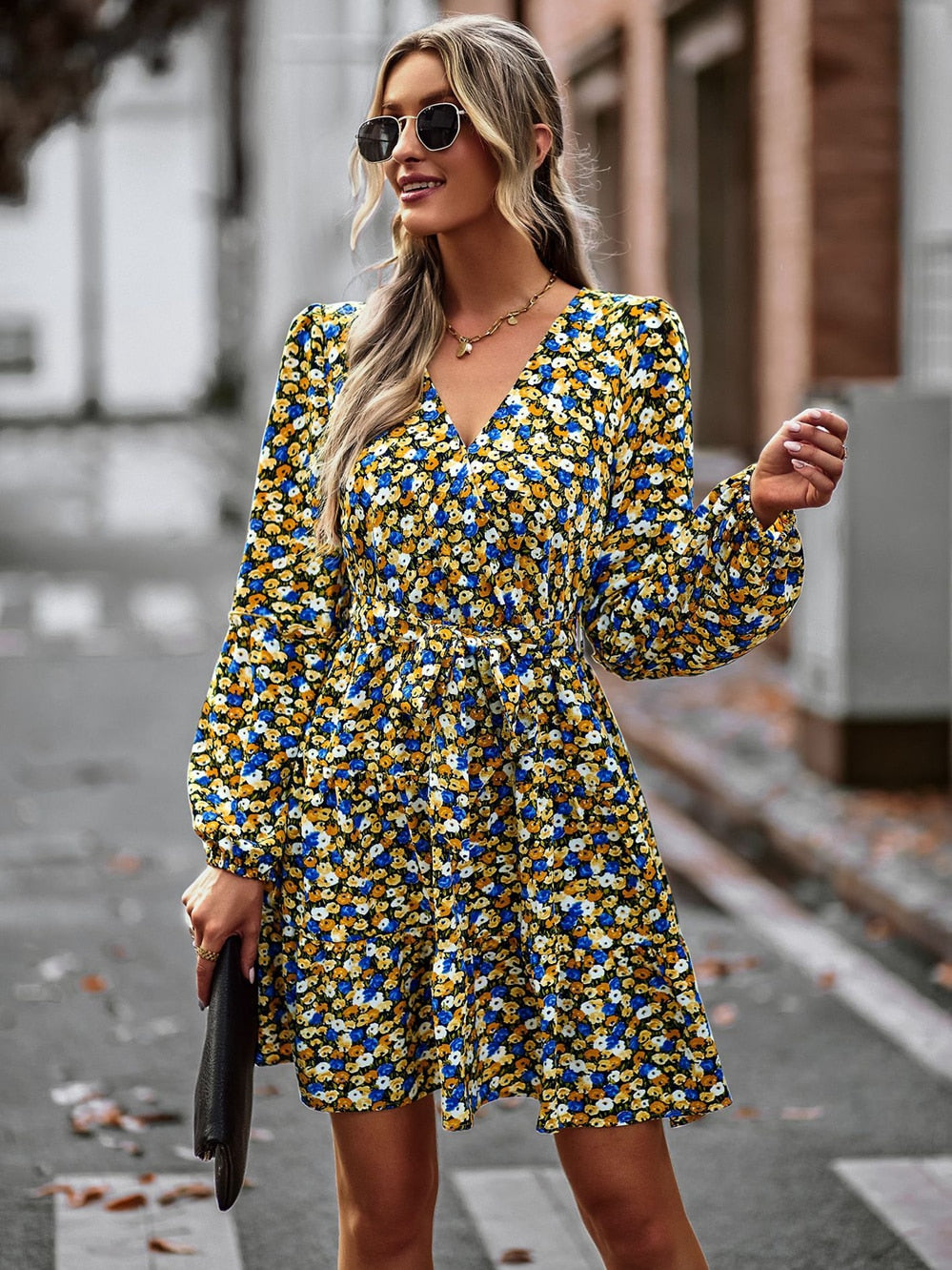 Flowing Mini Dress with Belt and Ruffles – Noëlle-XS-State of Style