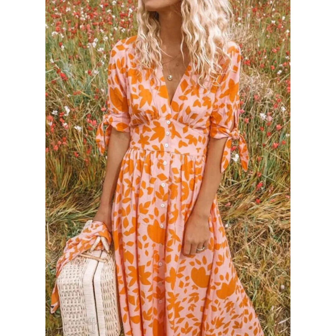 Flowing women's maxi dress with V-neck & tie sleeves - Soraya-Orange-S-State of Style