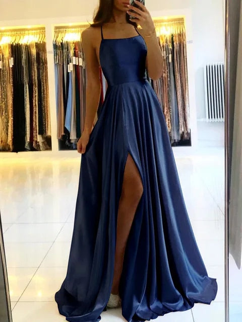 Flowy Maxi Dress with Side Split – Selina-Dark blue-S-State of Style