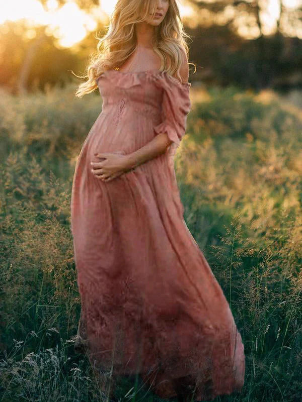 Flowy Off-Shoulder Maxi Maternity Dress-Pinkish Red-XS-State of Style