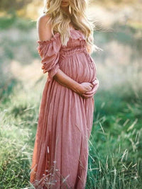 Flowy Off-Shoulder Maxi Maternity Dress-Pinkish Red-XS-State of Style