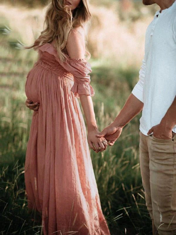 Flowy Off-Shoulder Maxi Maternity Dress-Pinkish Red-XS-State of Style