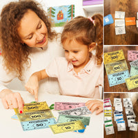 Music-based board game with song cards and Monopoly money for game nights