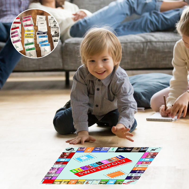 Music-based board game with song cards and Monopoly money for game nights