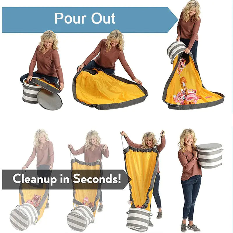 Large foldable toy tidy-up mat with basket function for the children's room.