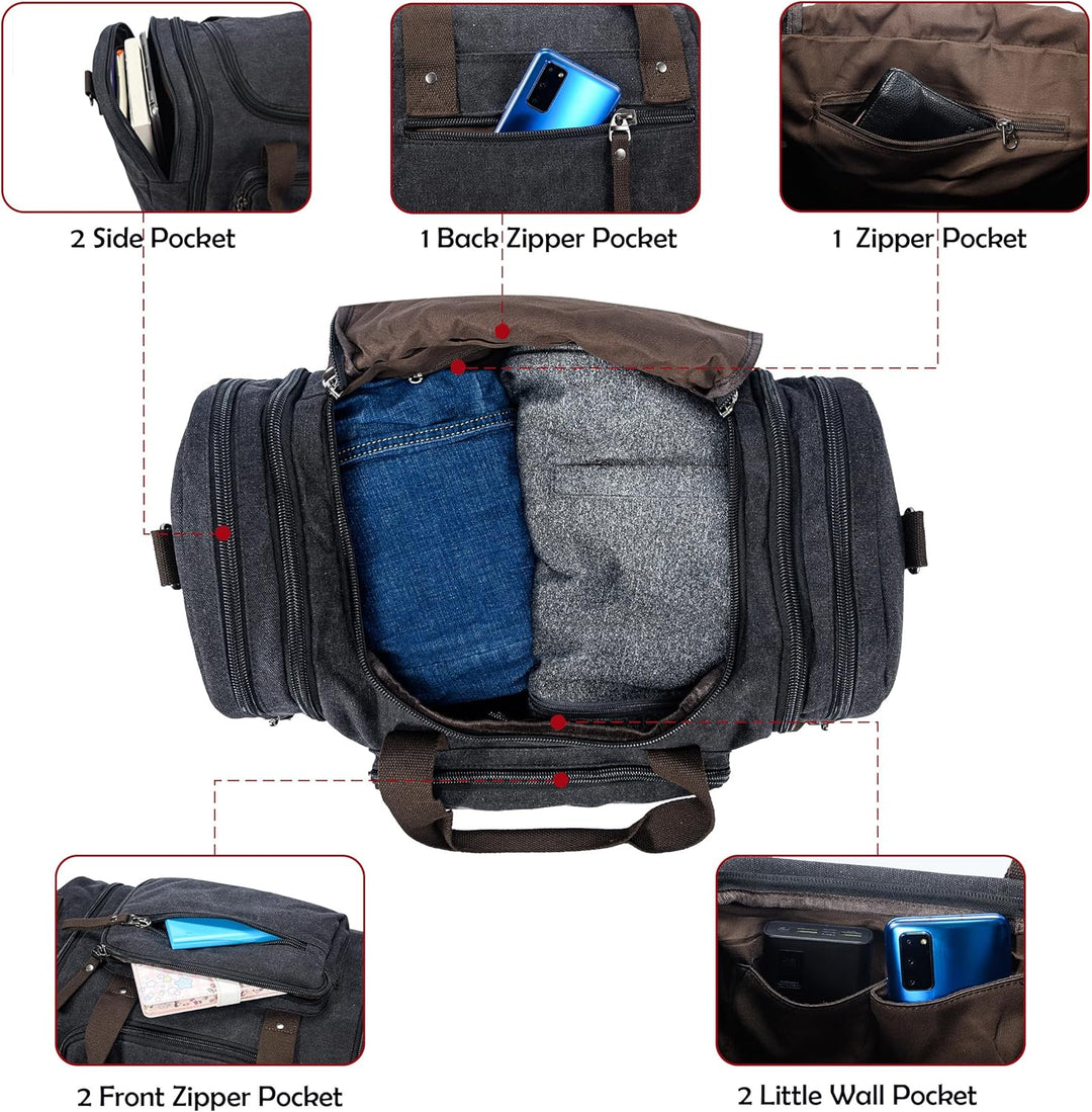 Expandable Canvas Weekender Duffel Bag – 40L to 50L Travel Carry-On
