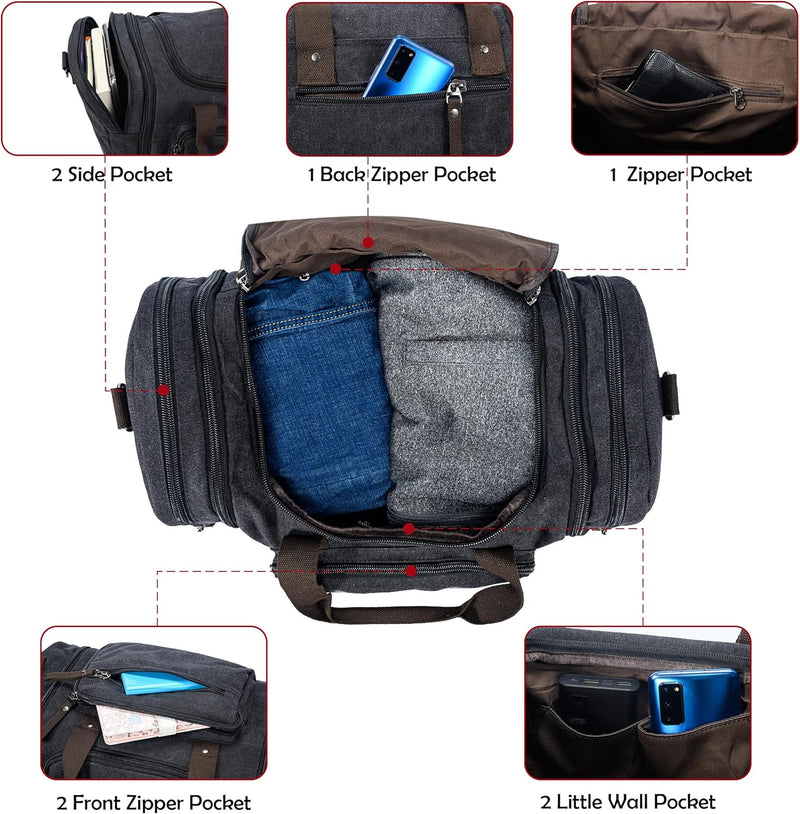 Expandable Canvas Weekender Duffel Bag – 40L to 50L Travel Carry-On