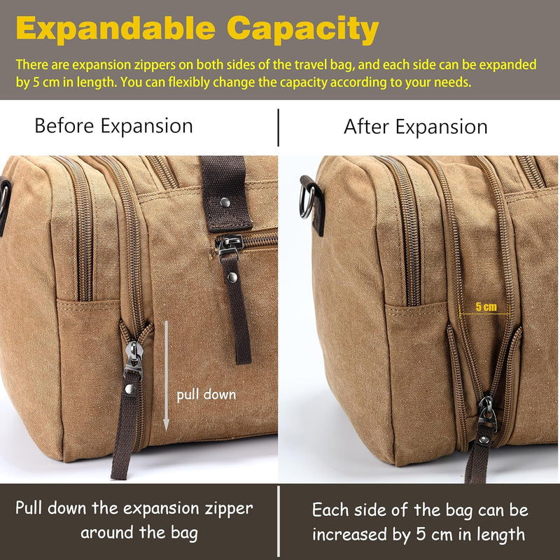 Expandable Canvas Weekender Duffel Bag – 40L to 50L Travel Carry-On