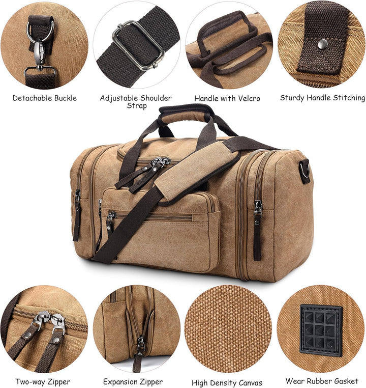 Expandable Canvas Weekender Duffel Bag – 40L to 50L Travel Carry-On