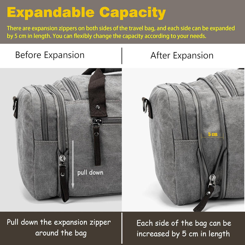 Expandable Canvas Weekender Duffel Bag – 40L to 50L Travel Carry-On