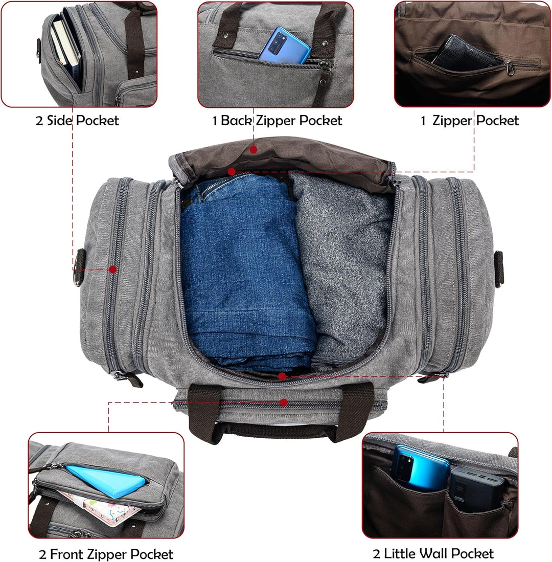 Expandable Canvas Weekender Duffel Bag – 40L to 50L Travel Carry-On