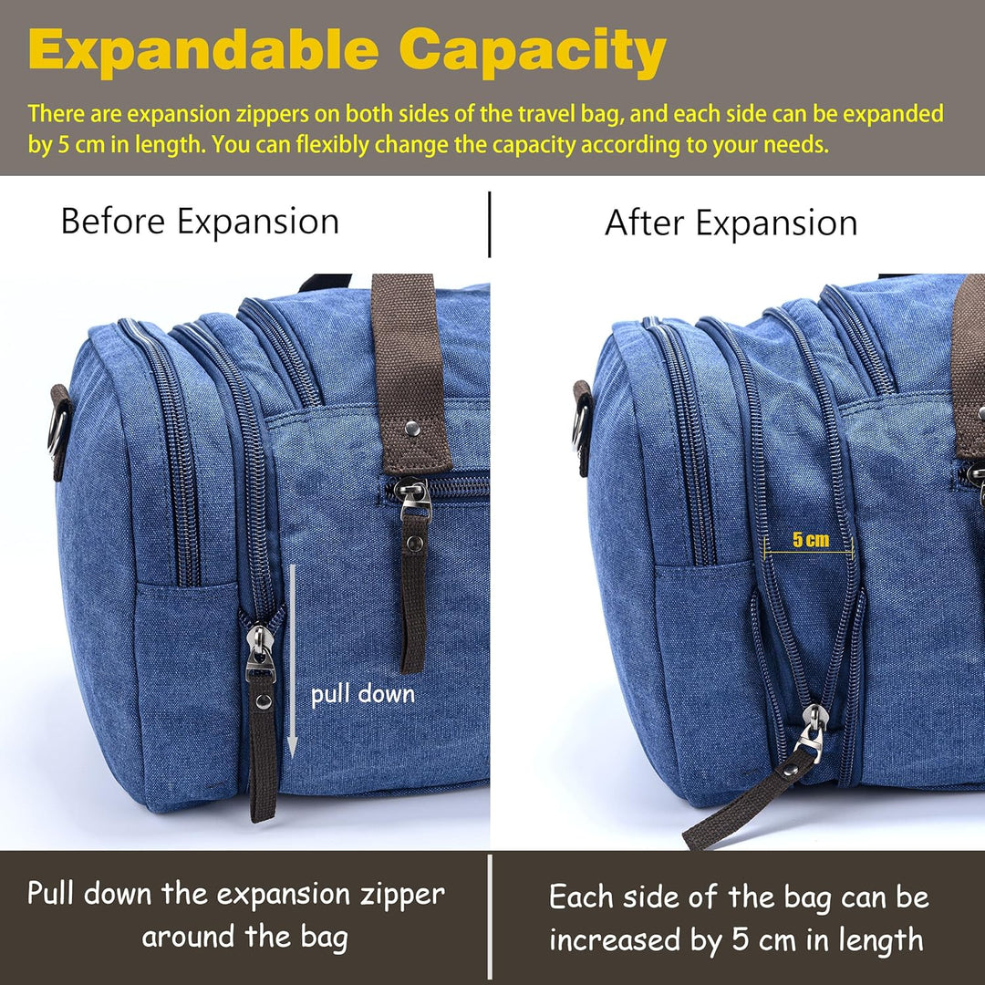Expandable Canvas Weekender Duffel Bag – 40L to 50L Travel Carry-On