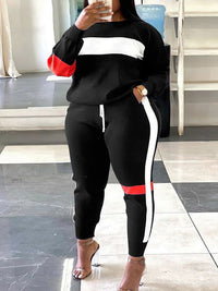 GeoBlock Sweatshirt & Striped Joggers Set – Plus Size Comfort-Black-2XL-State of Style