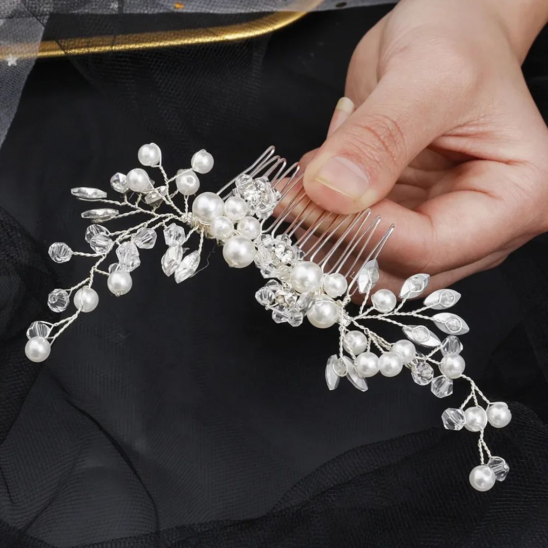 Geraldine Traditional Hair Accessory – Pearl & Crystal Leaf Tiara-Gold-State of Style