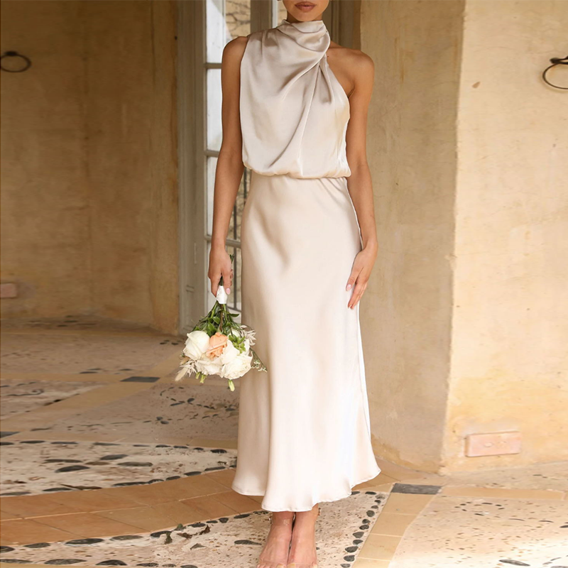 Glamorous One Shoulder Satin Dress - Emily-Beige-S-State of Style