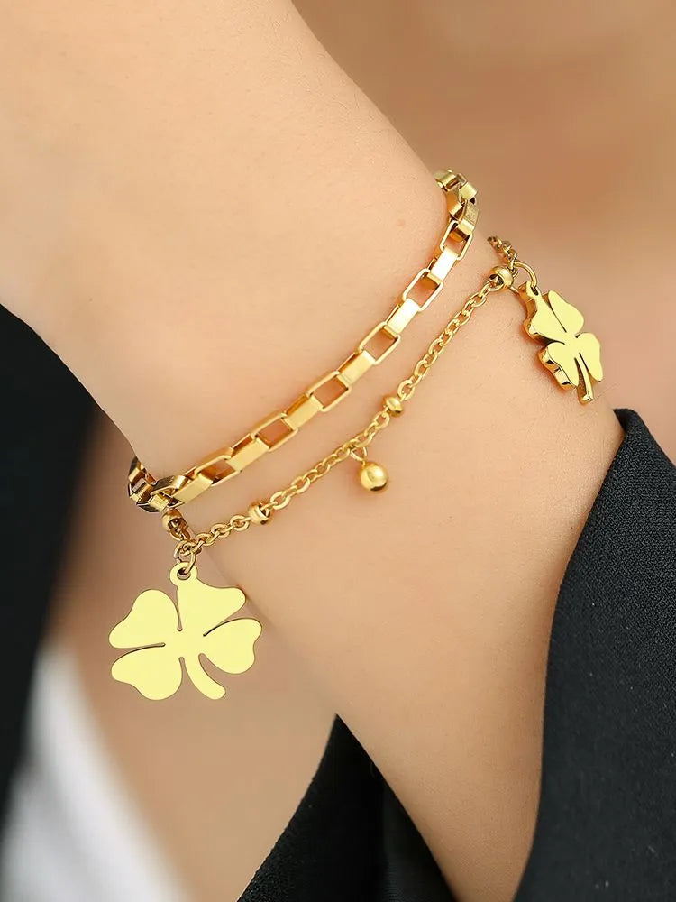 Gold Bracelet with Four-Leaf Clover Charm | Women's Lucky Jewellery-GOLD-State of Style