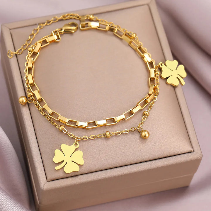Gold Bracelet with Four-Leaf Clover Charm | Women's Lucky Jewellery-GOLD-State of Style