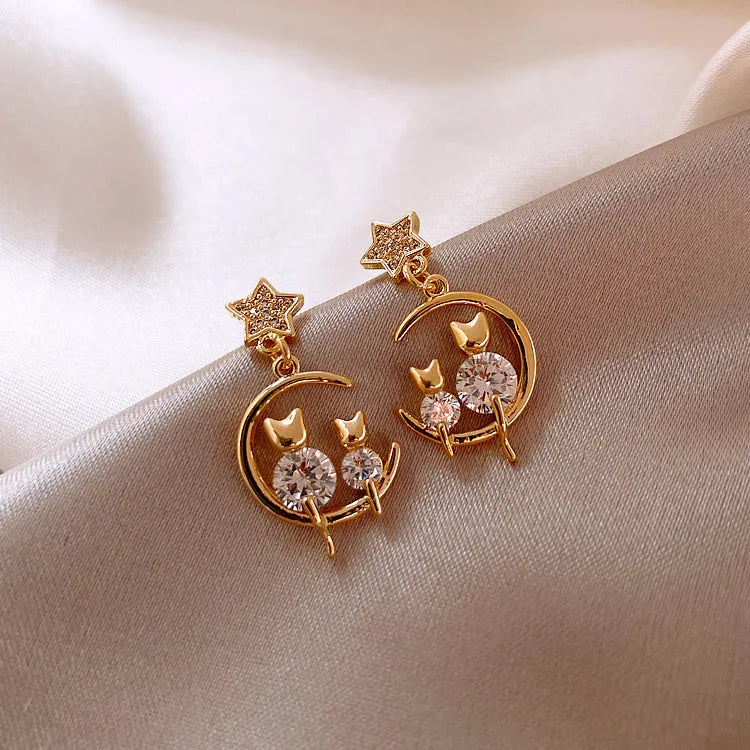 Golden Cat Earrings with Zirconia – Feline-State of Style