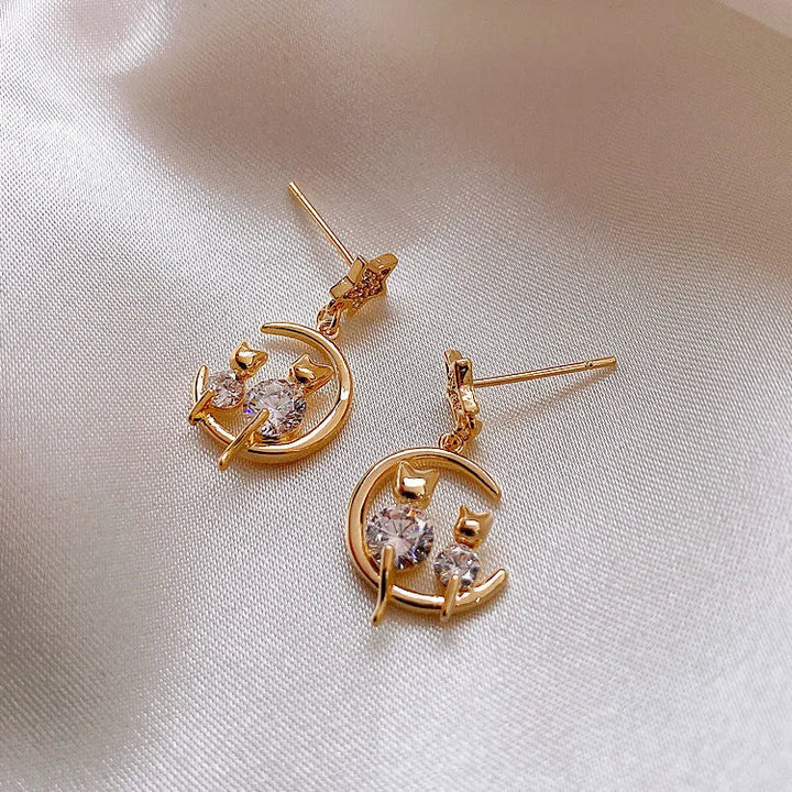 Golden Cat Earrings with Zirconia – Feline-State of Style