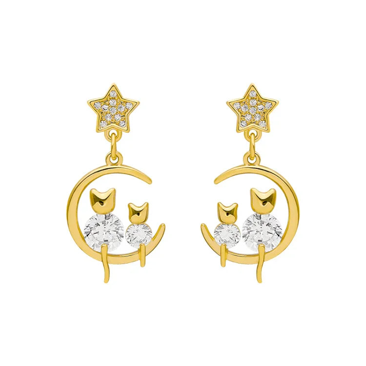 Golden Cat Earrings with Zirconia – Feline-State of Style