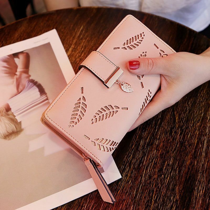 Golden Leaf PU Leather Wallet-Pink-Long Wallet-State of Style