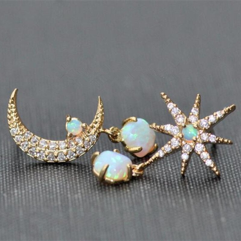 Golden Moon and Star Earrings with Opal - Aurora-State of Style